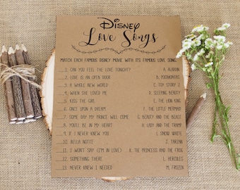 Disney Love Songs Bridal Shower Game . Printable Instant Download . Rustic, Kraft, Funny, Fun, Country Bridal Shower Game