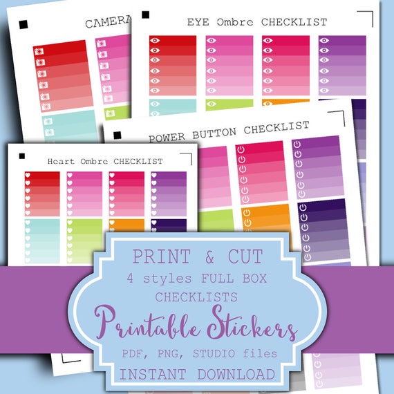 SALE! 4 Styles Full Box Ombre Checklists | FULL BOX Planner Stickers | Ombre Heart Checklist Full Box Planner Stickers Vertical Layout