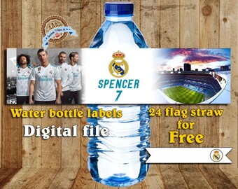 Personalized water bottles labels Real Madrid + Flags for your straws FREE, Real Madrid, Real Madrid Birthday, Real Madrid Party