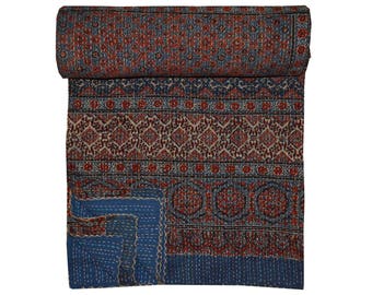 Vintage Indian Kantha Quilt Handmade Ajrakh hand block print 100% Cotton Bed cover Bedspread Blanket Queen size/ Twin size/ King size