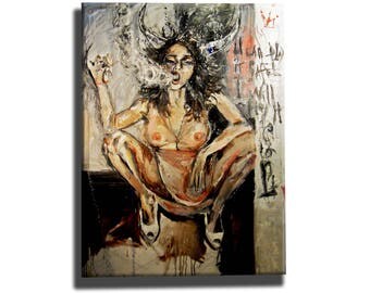 Erotic woman oil painting on canvas, nude wall art, sexy woman home decor, unique artwork
