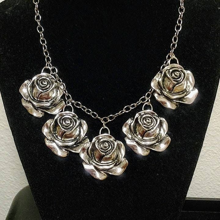 Silver Rose Necklace Multiple Roses