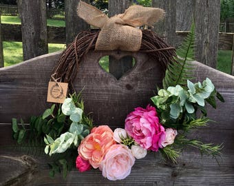 Summer wreath Spring wreath Farmhouse wreath Peony wreath Door wreaths Year round wreath Pink wreath Grapevine wreath housewarming gifts