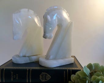 Vintage Horse Head Bookends Hand-carved Italian Onyx Natural Stone