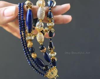 Natural Lapis Lazuli Rock Crystals Gemstone and High-Quality Cubic Zirconia Details Bracelet