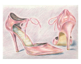 Original drawing Shoes, watercolor pencils, instant graphic, high heels, fashion printable, downloadable art, image download, modern art