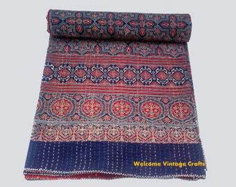 Queen Size Indigo block print Kantha Quilt Handblock kantha King Size Quilt Cotton Blanket Kantha Throw Bedcover Bedsheet blanket Quilt