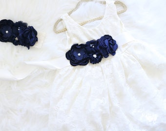Navy Flower Girl Dress, Lace Flower Girl Dress, Shabby Chic Girls Dress, Rustic Flower Girl Dress, Embellished Dress, Country