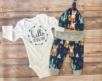 Southwest Baby Boy Coming Home Outfit, Going Home Outfit, Cactus, fox, tee pee, arrow, raccoon,READY TO SHIP name outfit, baby boy
