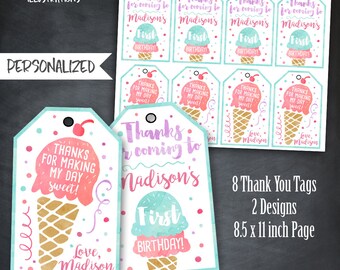 Ice Cream Thank You Tags, Ice Cream Tags, Ice Cream Birthday Favors, Ice Cream Party, Watercolor Tags, Personalized, Printables, Digital