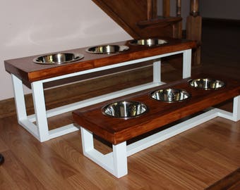 Farmhouse style elevated dog feeder with 3 bowls. Large size dog feeding station. Dog bowl stand. Triple dog feeder. 3 bowl dog feeder.
