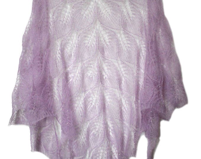 Knitted shawl, lilac shawl, wedding wrap, knit shawl with beads, knit scarf, knitted scarf, mohair shawl, openwork scarf, hand knit shawl