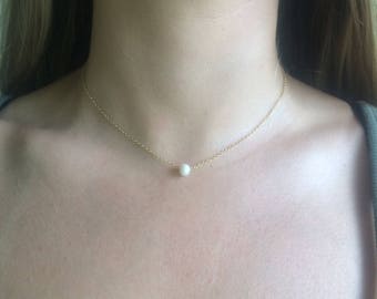 Single Pearl Necklace, Floating Pearl Necklace, Bridesmaid Gift, Pearl Necklace Freshwater Pearl Silver Necklace Pearl Bridal Pearl Jewelry