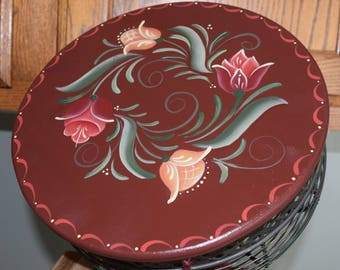 Wire basket, Hand painted basket with wood top,egg basket, floral design