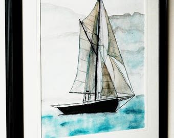 Boat illustration decoration, illustration, nautical, boat, poster, watercolor painting, acrylic and watercolor painting