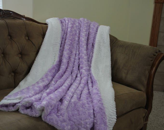 Adult Minky Blanket, White & Lavender Minky Blanket Adult, Child Minky Blanket, Sofa Throw Blanket, Faux Fur, Valentines Day Gift for Her