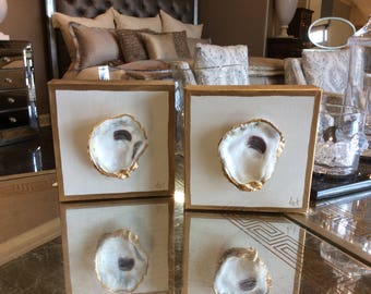 Gold Leafed Oyster Shells on Canvas - FREE SHIPPING
