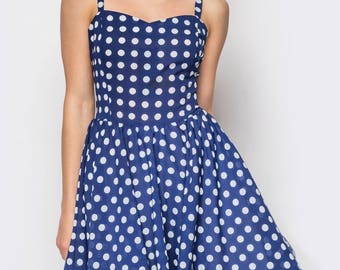 Polka dot chiffon party dress.Retro inspired party dress blue