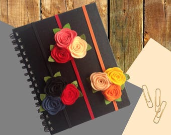 felt flowers Planner band pen holder, elastic organiser with pencil holder, book page marker holder, pretty gift journal accessories,