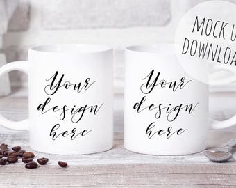 Multiple Mug Mockup, Coffee Mug Styled Mock Up Photo, Two Mugs Stock Photo, Photoshop Mug Template Photography