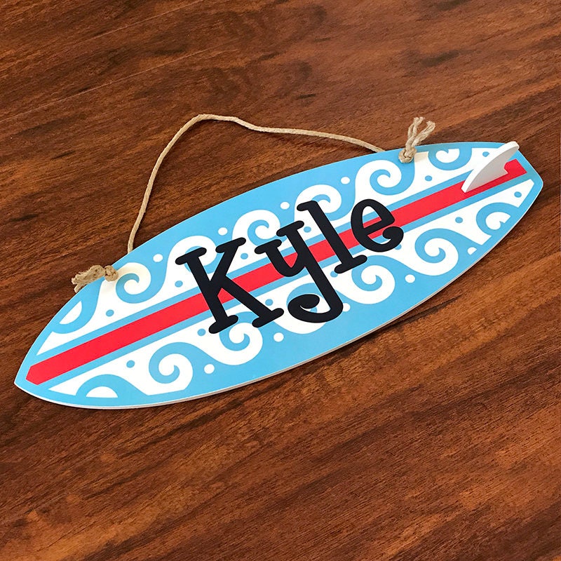 Personalized Surfboard Sign with Wavy Stripe Design