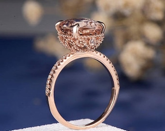 Art Deco Engagement Ring Morganite Rose Gold Wedding Antique Women Oval Cut Diamond Eternity Band Anniversary Gifts Floral Flower Filigree