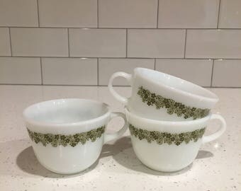 Three Vintage Pyrex Mugs- Spring Blossom- Green Flowers