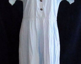 80s Vintage Womens Pinstripe Dress Sky Blue A Line Short Sleeve Size Large