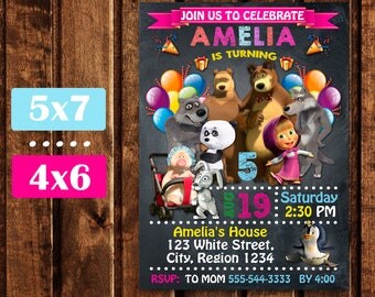 Masha and the Bear Birthday Invitation, Masha and the Bear Party Invitation, Masha and the Bear Birthday, Masha Birthday.
