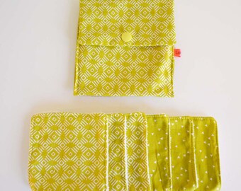 Wipes cleansing washable organic tencel micro-eponge "graphic patterns green/yellow" + pouch
