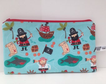 Pirates fabric pencil case; storage pouch; zipped wallet, treasure maps, pirate ships, sharks, gifts for boys.
