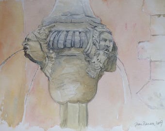 Watercolor painting aquarelle aquarel wasserfarbe fountains fontaines fonteinen Provence Pernes Vaucluse patrimoine