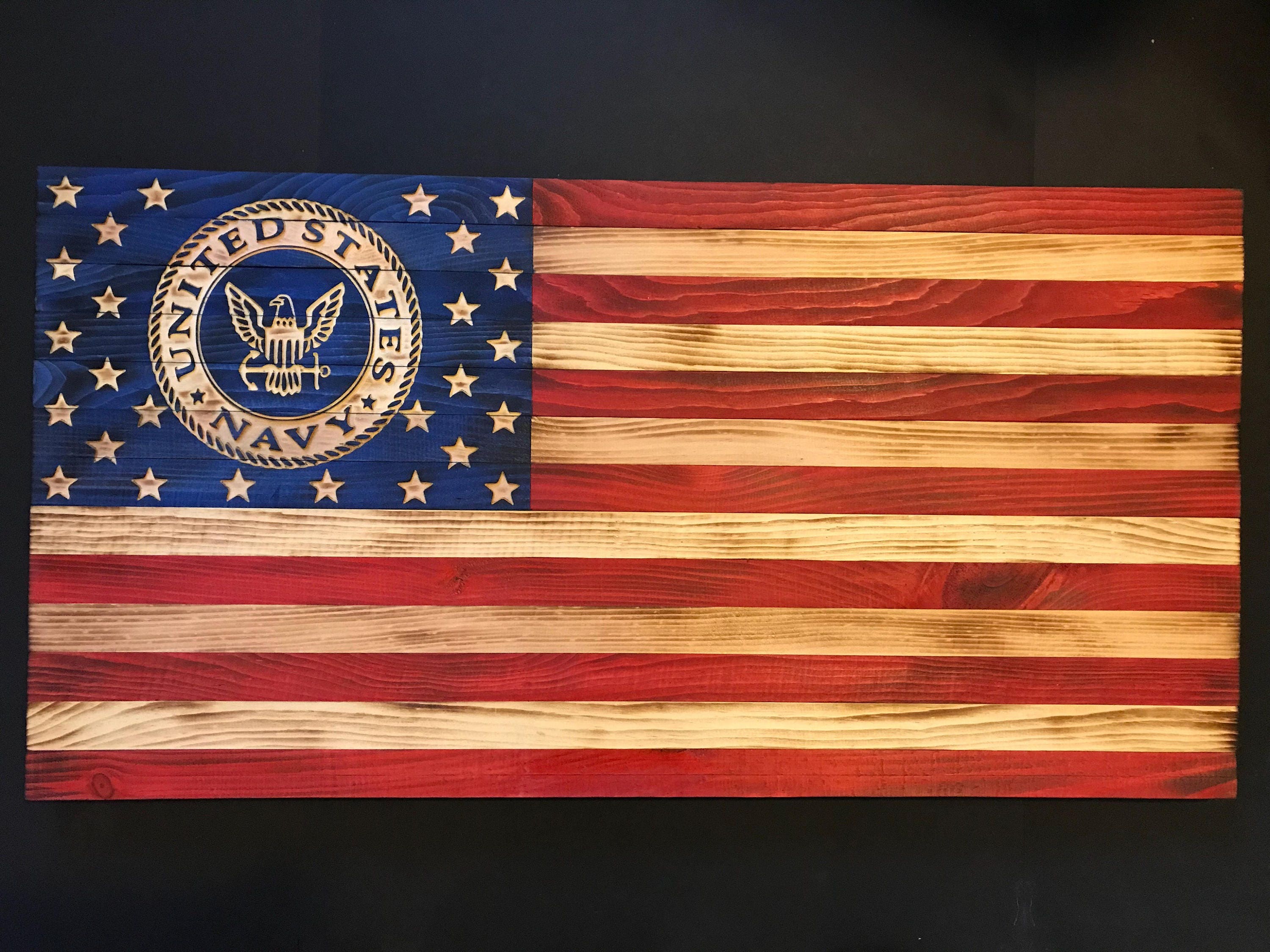 Wooden American Flag w/ U.S. Navy Emblem Customizable Flag