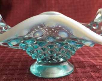 Vintage Fenton Blue Opalescent Hobnail Double Handle Ruffle Candy Mint Dish