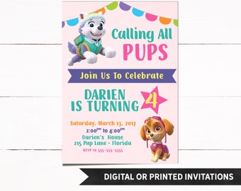 Paw Patrol Invitation, Paw Patrol Birthday Invitation, Paw Patrol Party, Girl Birthday Invitation, Girl Invitations, 40