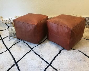 set of two leather pouf,moroccan handcrafted leather pouf, ottoman leather pouf