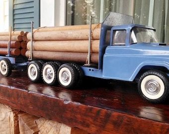 RESERVED - Double tandem logging truck, Vintage Logging pup tractor trailer, Transport 20 full cords of logs, Awesome Unique toy, Log truck