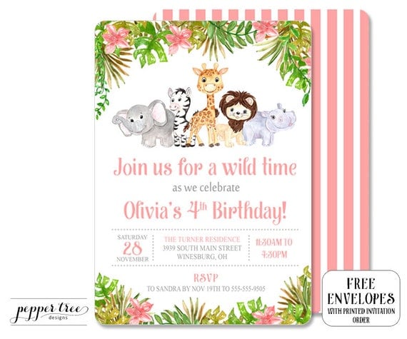 Safari Birthday Invitation Girl Birthday - Girl Safari Invitation in Pink - lion elephant zebra giraffe hippo safari animals pink flowers Il_570xn