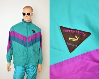 vintage neon RAIN JACKET by PUMA / retro 80s windbreaker / mens size L large / nylon cagoule