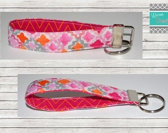 Pink/Orange/Grey/Geometic, Keychain, Key Fob, Wristlet Keychain, Wristlet Key Fob
