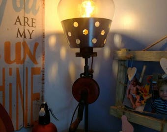 Unique vintage hand drill steam punk Edison lamp . Would be great as an accent lamp or desk lamp .