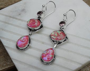 Pink Opal Heliconia Dangle Earrings w 14k