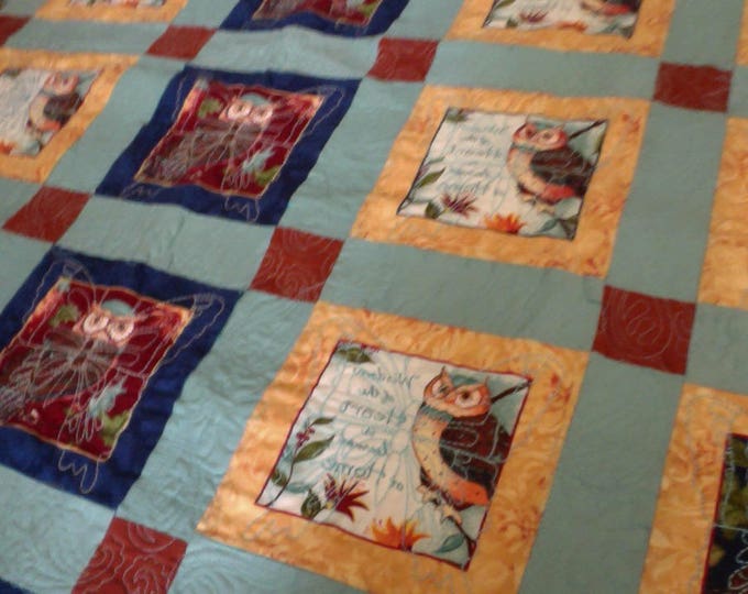 Owls In The House Quilt, Owl Quilt, Owl Throw, Owl Lap Quilt, Blue Quilt, Turquoise Quilt