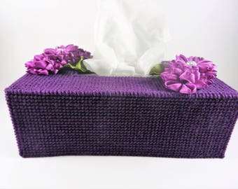 Flower Tissue Box Cover, Plastic Canvas Tissue Box Cover, Ribbon Flower Tissue Cover, Home Decor