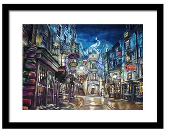 Diagon alley, poster, starry night, art, castle, gift honeydukes, howgmeade not affiliated with Harry Potter or Hogwarts trademarks