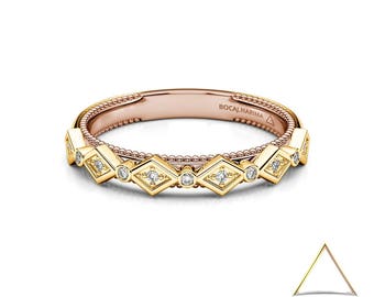Unique Triangle Ring, Half Eternity Stylish Wedding Ring, Royal Wedding Band, Two Tone Unique Ring, Wedding Bands Women, Triangle Rose Ring