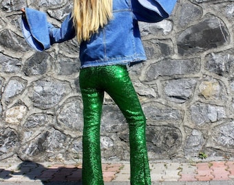 Green Sequin Flare Pants - Bell Bottoms - Wide Leg Pants