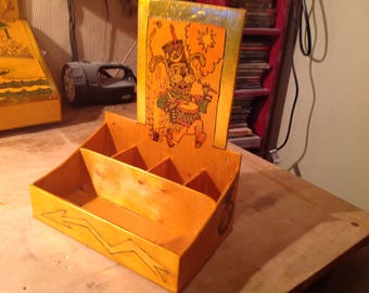 Box for office supplies. Kitsch. Pyrography.