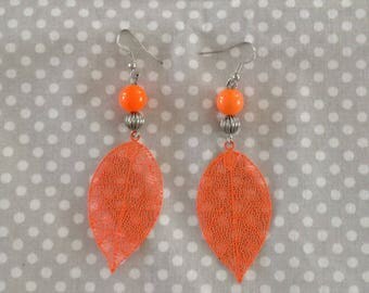 Earrings leaves and pearl pearl orange fluo summer