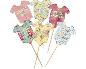 24 Truly Baby Cake Toppers, Baby Shower, Baby Shower Cake Toppers, Cupcake Toppers, Bodysuit, Baby Cake, Vintage Tea Party